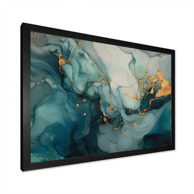 Turquoise doré infusé marbre I, reproduction d'art sur toile, H 16 po x l 32 po x P 1 po, Cadre simple noir