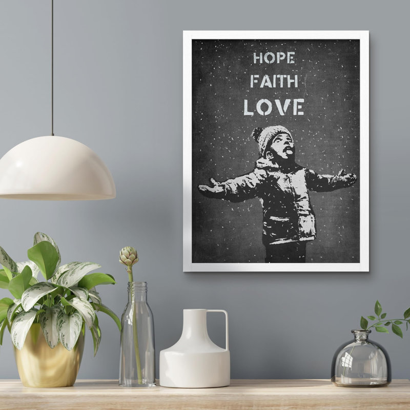 «Banksy Hope Faith Love Wall Art gris foncé, décoration murale industrielle, citations inspirantes» sur papier, Blanc