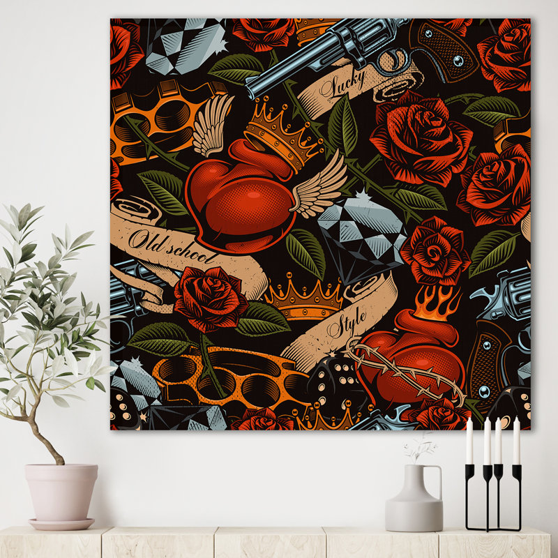 « Old School Tattoo pattern »-impression sur toile, H 46 po x l 46 po x P 1,5 po