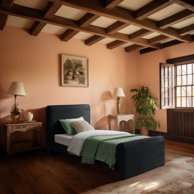 Lit plateforme tapissier Sloan Sadete, Velours noir, Lit simple
