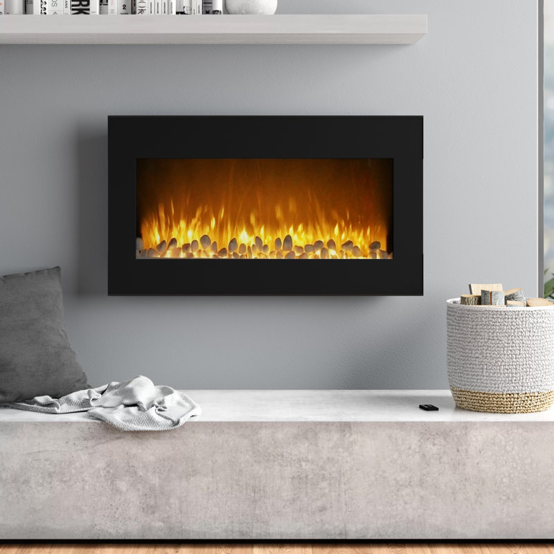 Orren Ellis 36-Inch Wall Mounted Electric Fireplace - Modern Fireplace with Floor Stand, Remote, and Adjustable Heat and Brightness