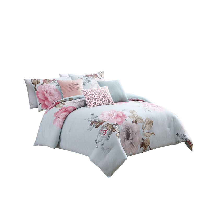 Cotton Blend 7 Piece Comforter Set, Queen Comforter + 6 Additional Pieces, Pink/Blue