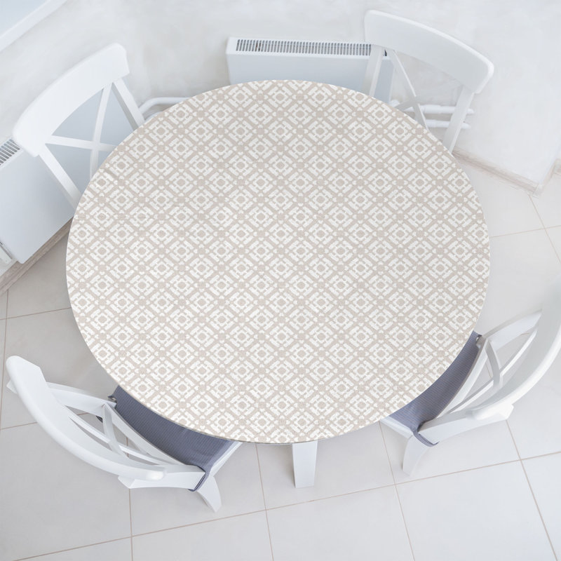 Ebern Designs Geometric Fitted Round Tablecloth Pale Eggshell and White, 51.97" Round