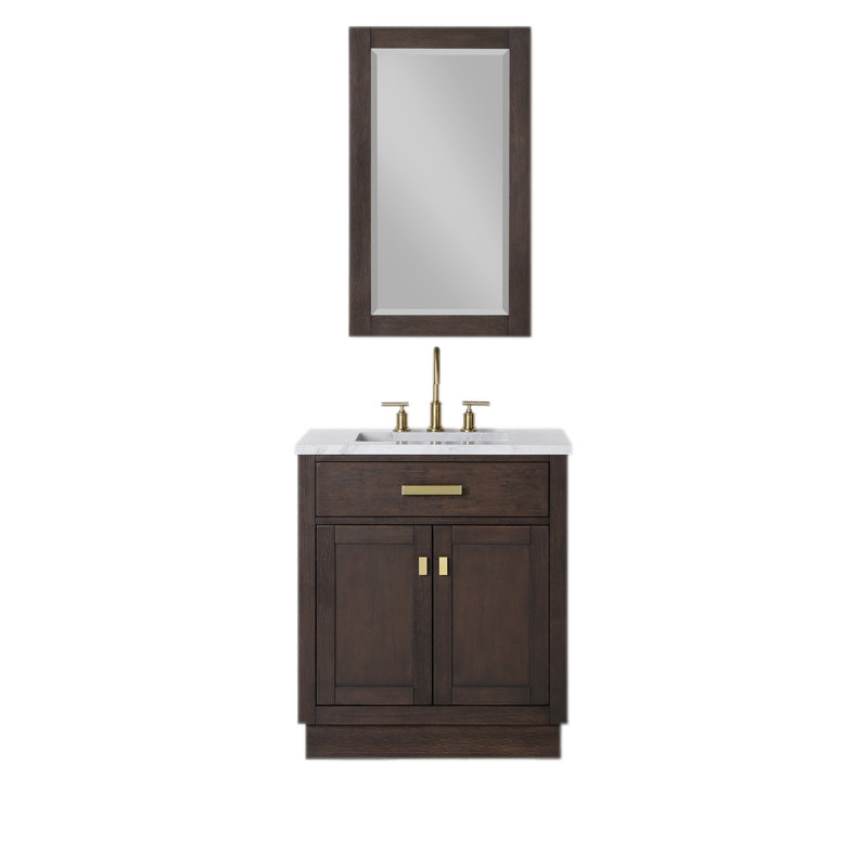 Chestnut 30" Carrara White Marble Countertop Bath Vanity with Mirror, Brown Oak