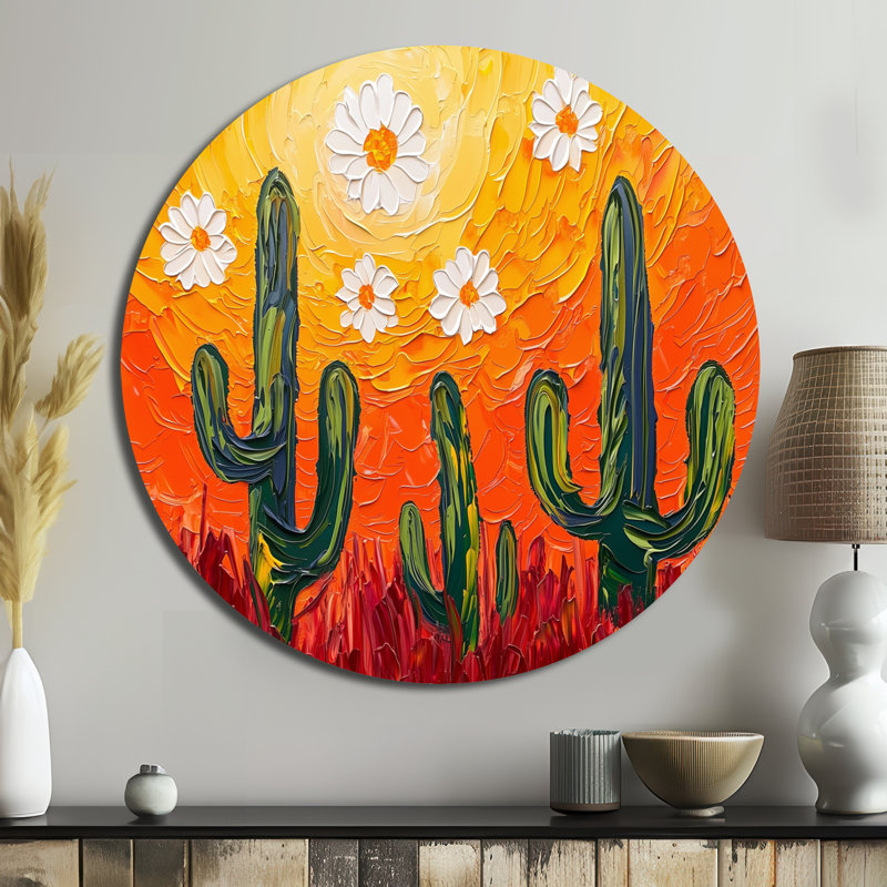 Cactus Joshua Tree Sunset - art mural rond éclectique moderne, art mural rond en métal vert, H 16 po x l 16 po