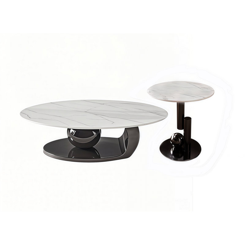 Coffee Table Set 51"Oval Sintered Stone & 19.7"Round Table Steel Sphere+C-Base for Room/Studio