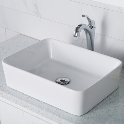 KRAUS Elavo Square White Porcelain Ceramic Bathroom Vessel Sink and Faucet Combo with Pop-Up Drain