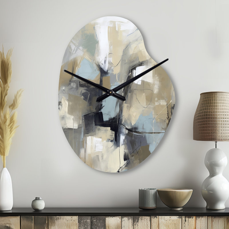 Beige et gris - Créature abstraite I - horloge murale en métal asymétrique, reproduction d'horloge murale beige, Petit