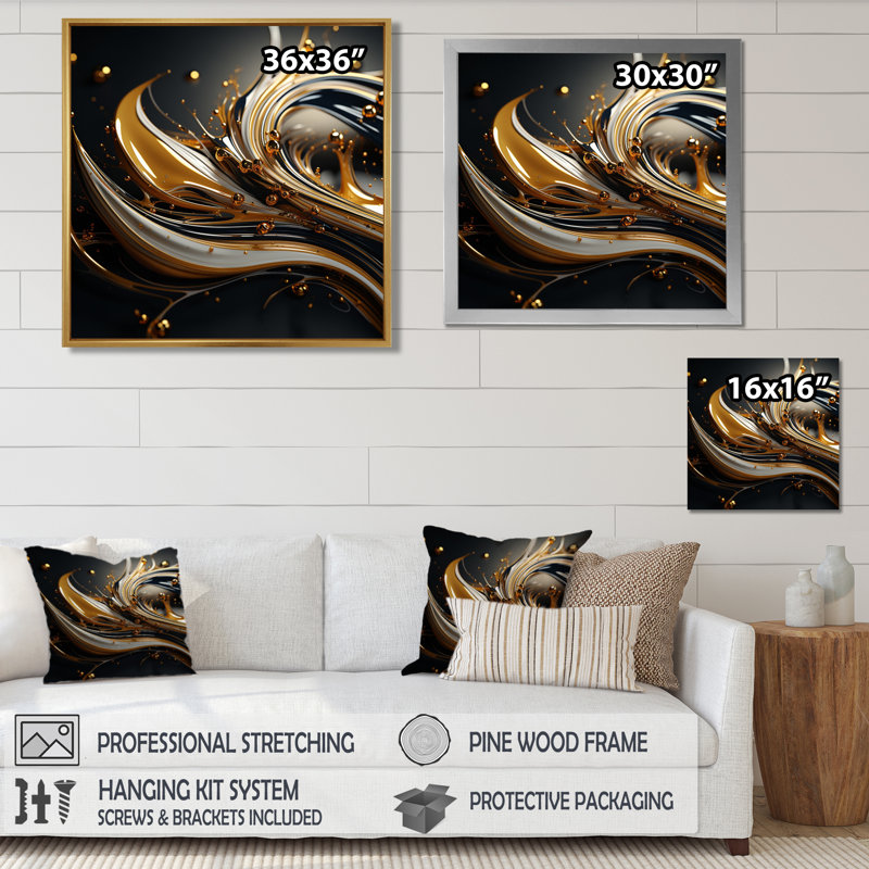 Futur salon art liquide or vif - art mural vagues, Toile avec cadre flottant or, H 16 po x l 16 po x P 1 po