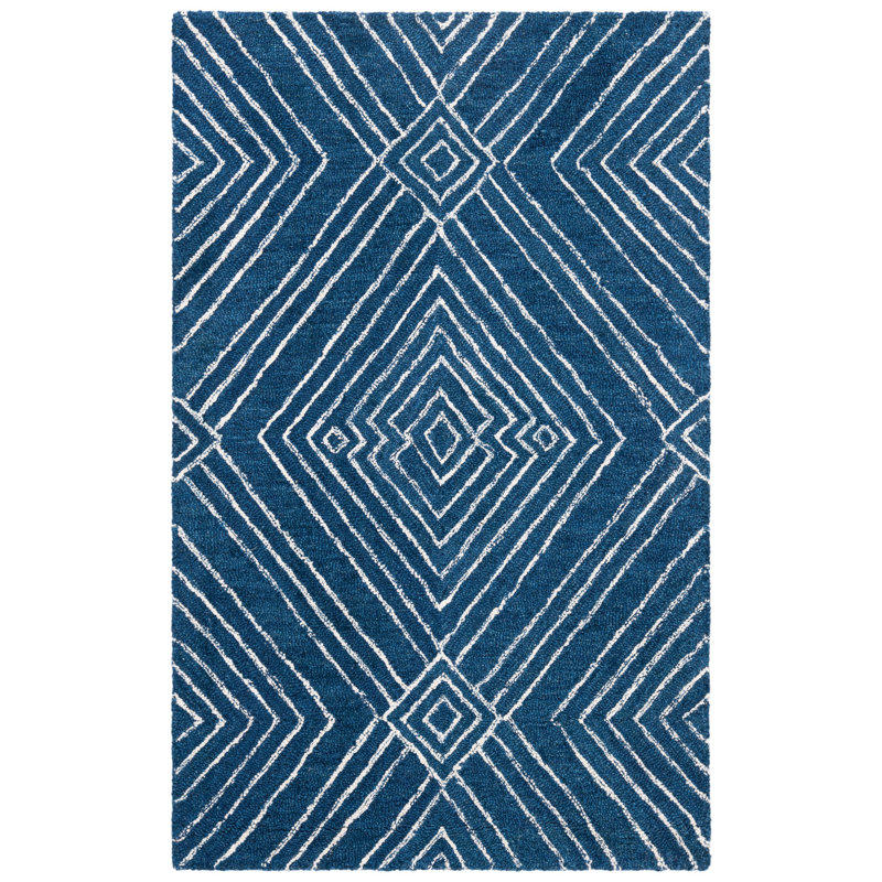 Elginpark Hand Tufted Wool/Cotton Geometric Rug in Ivory/Navy, Rectangle 2'6" x 4'