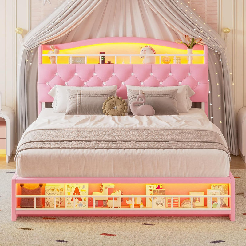 Princess Bed Frame With Led Lights And Charging Station, Velvet Upholstered Platform Bed With Headboard & Guardrail & Crystal Button