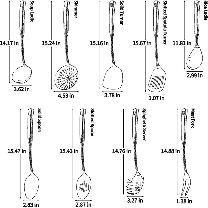 Ensemble 9 pièces d'ustensiles de cuisine en acier inoxydable 304 - Écumoire, louches, spatules, fourchettes et cuillères
