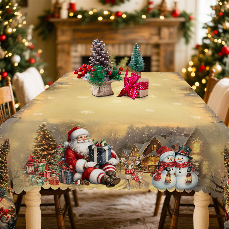 1pc Christmas Themed Print Tablecloth, Golden Round Rectangle Table Cloth With Santa Claus, Mantel Para Mesa De Comedor, Xmas Decor, Holiday Party Indoor Dining Decor, Festive Home Kitchen Accessory Gifts