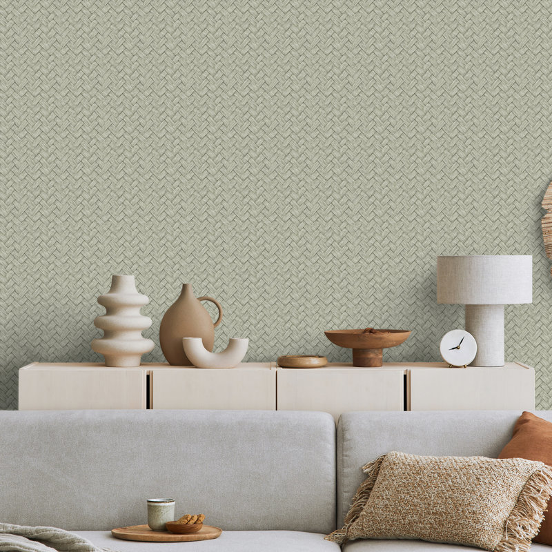 Papier peint vert imitation tissage naturel, Vert