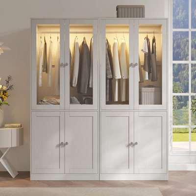 74.8" H 2-glass Door Wardrobe Armoire, Wardrobe Closet With Smart Led Light, Hanging Bar, And 2 Storage Shelves (set Of 2)