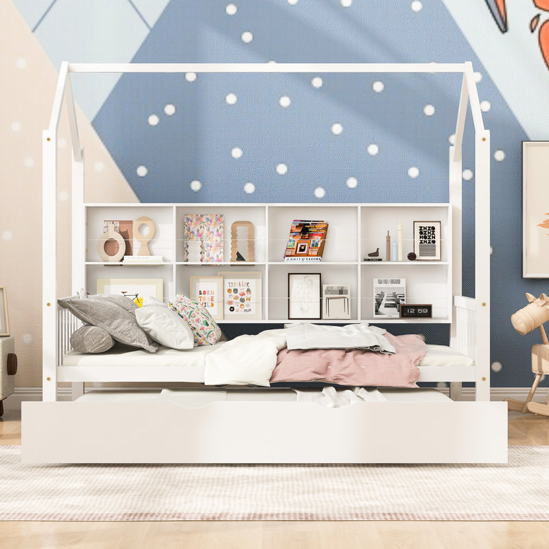 Lit simple en blanc avec lit gigogne et tablette, construction en bois de pin, idéal pour un lit en bois «Imagination», blanc, aire de jeux imaginative