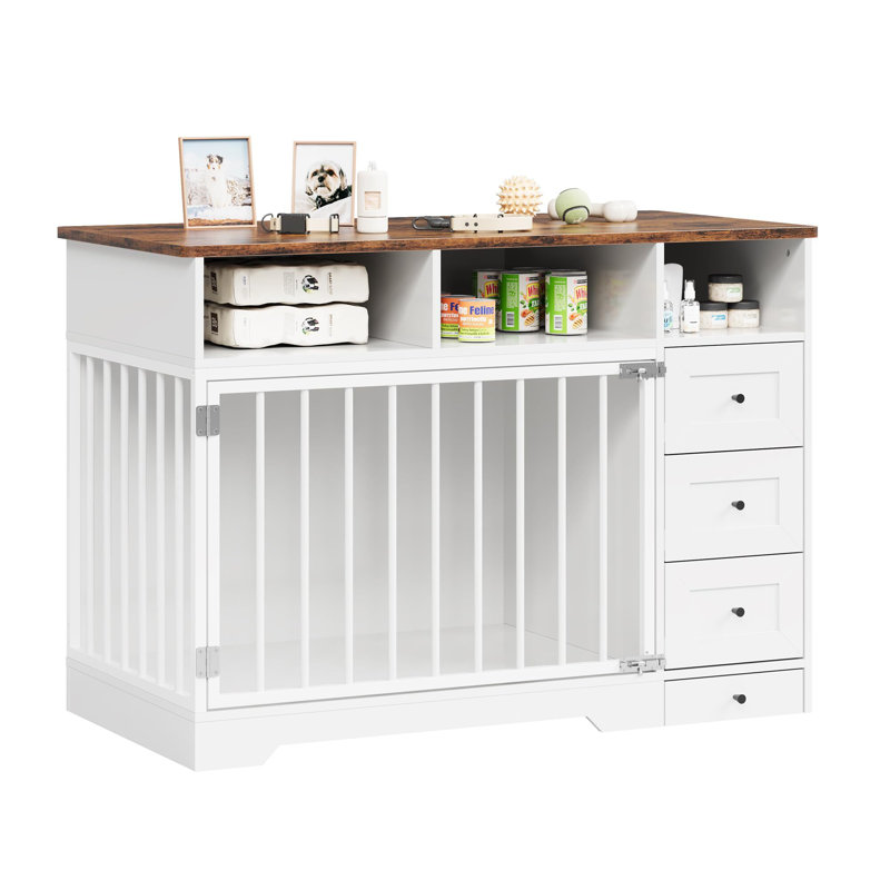 Meuble de caisse pour chien Retro 48 po, chenil d'intérieur avec bol caché, Blanc