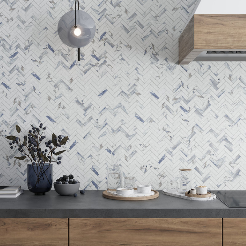 Veneto 11.1 In. X 12.36 In. Polished Porcelain Herringbone Wall And Floor Tile (4.76 Sq Ft/Case) - 5 Sheets, White/Blue