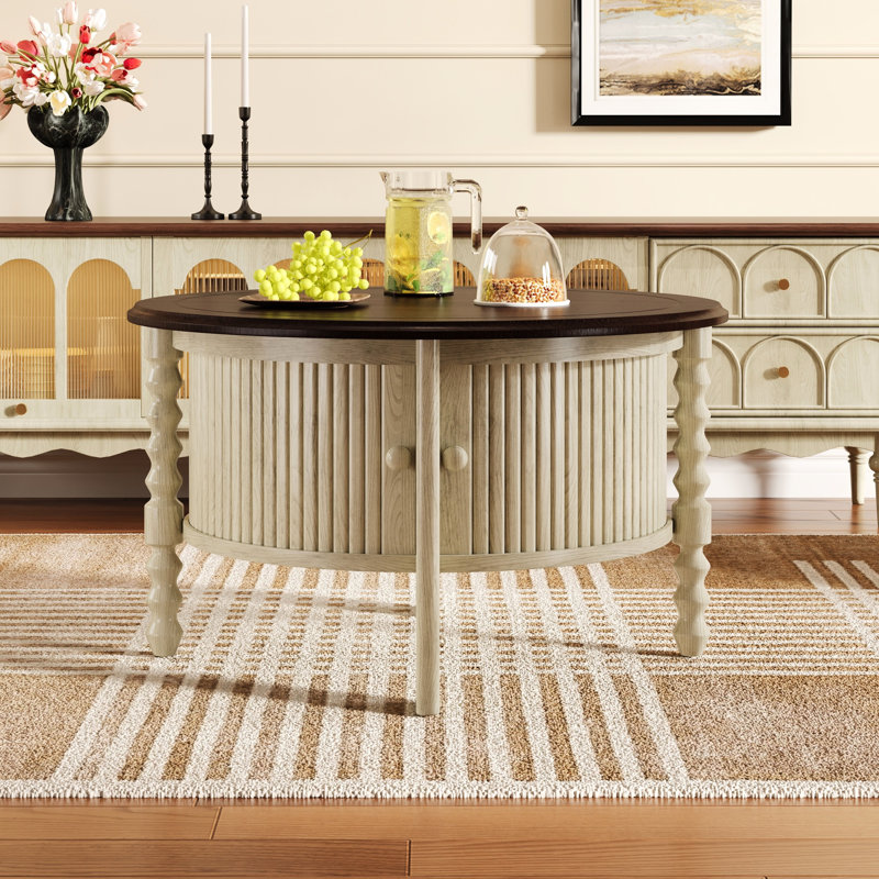 Table basse ronde de 30,3 po de style Mid-Century avec porte coulissante et rangement à lattes, idéal pour la productivité au bureau, beige et polyvalente