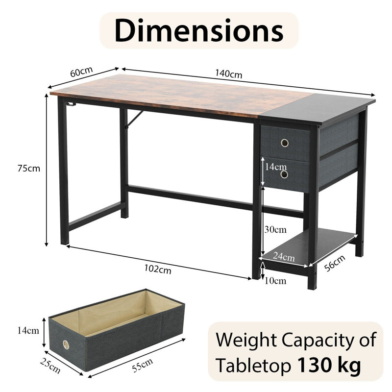 Addelaide Metal Base Writing Desk, 60cm H x 142cm W x 75cm D