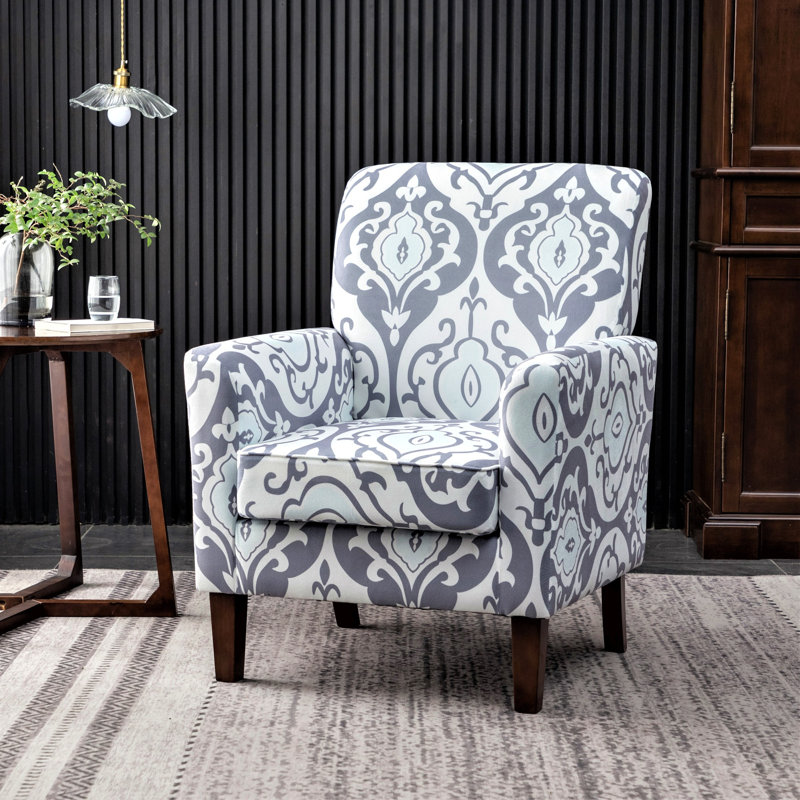 Fauteuil à motifs en mélange de polyester, structure en bois de bouleau massif avec pieds fuselés bruns, chaise d'appoint rembourrée de mousse avec garniture pour le bureau du salon