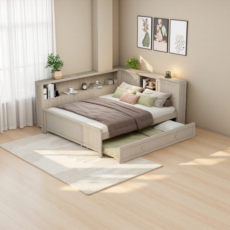 Lit de jour en bois pleine grandeur avec tablettes de rangement et lit gigogne, lait blanc antique