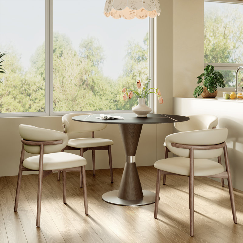 Petite table de salle à manger ronde 39 "/ 43" pour 2 à 4 personnes, avec base en pierre frittée et en métal, coin repas