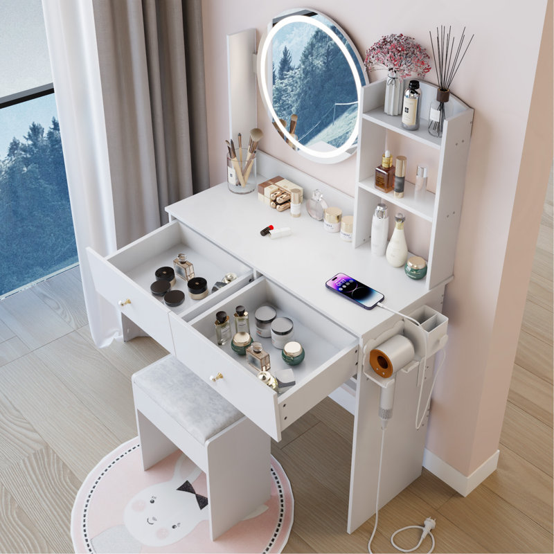 Table de coiffeuse à miroir 17 po, Blanc