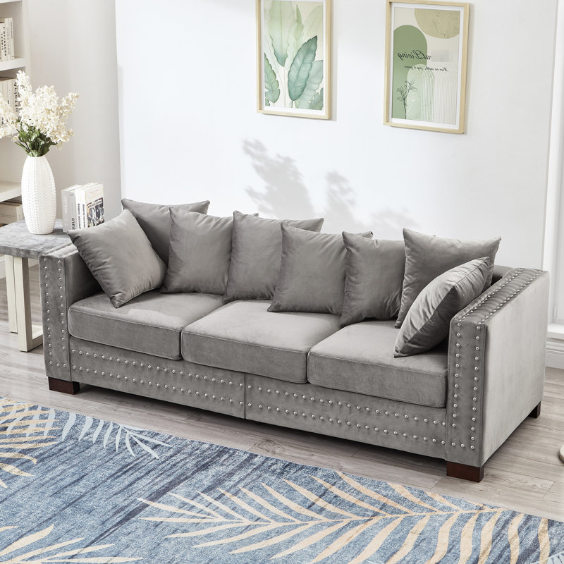 Canapé 2+3 places de style moderne en velours gris avec clous carrés argentés, coussins à ressorts haute élasticité confortables, housses lavables, espace de rangement, montage facile, pieds stables en bois massif 5 places.