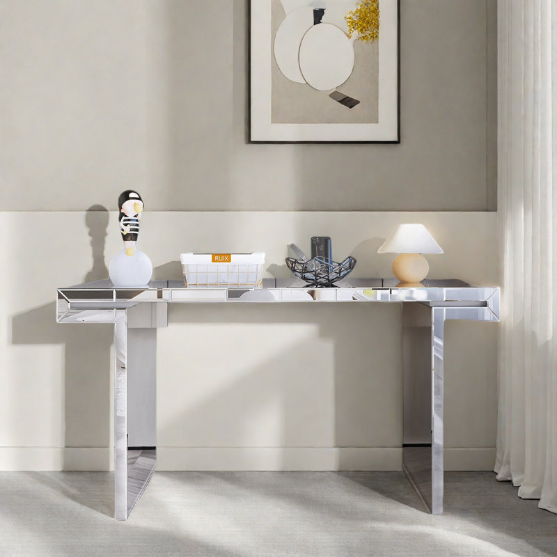 Luxury Full-length Mirror Console Table With Fluted Tempered Glass And Rounded Edge