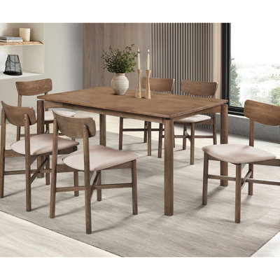 7 Natural Walnut Dining With Mid-century Modern Charm, Rectangular Table And Six Beige Upholstered Seating Chairs Wood Flair, Finish, Solid Back Side
