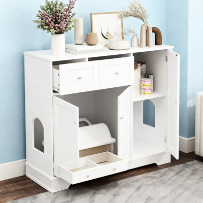 Enceinte de litière haute 31,5 po en blanc, table d'appoint à double fonction et rangement pour accessoires, convient aux petites boîtes, à la trousse de pourboire, comme espace privé pour animaux de compagnie, votre maison
