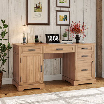 Clabe 55'' Farmhouse Executive Desk with Drawers, File Cabinet and Power Outlets