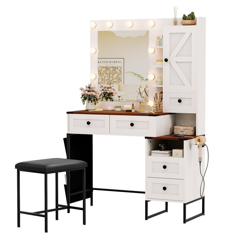 Bureau de maquillage avec miroir, 5 grands tiroirs, 3 ampoules à modes de couleurs réglables
