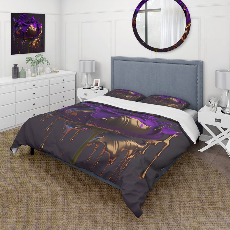 Mauve pivoine liquide or I - ensemble de housse de couette floral pivoine - microfibre de polyester