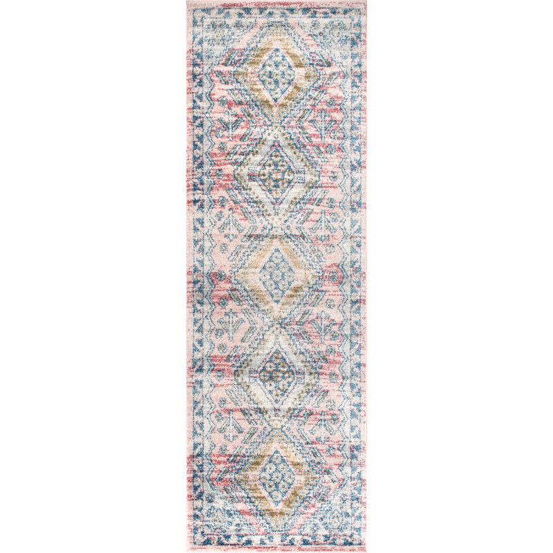 Tapis rose clair / jaune / gris en polypropylène tissé à la machine Brenden, Tapis de couloir 2 pi 8 po x 8 pi