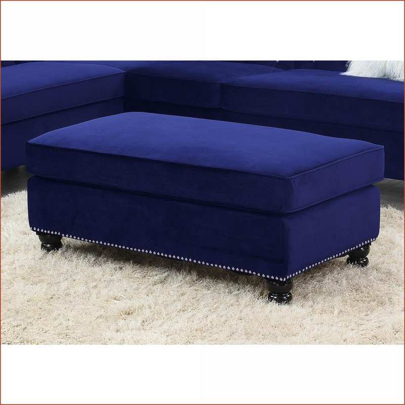 Repose-pieds en velours bleu royal avec garniture chromée XL | Pieds noyer brun | Cadre en bois