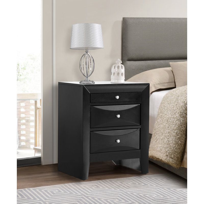 Marilla 3 Drawer Wood Nightstand, Black
