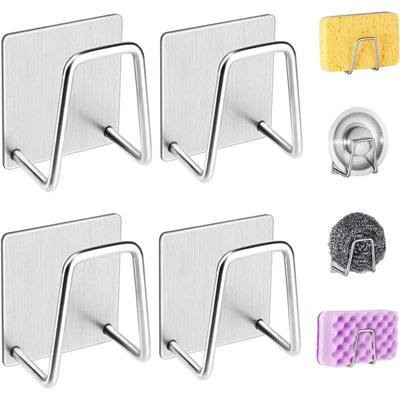 4Pcs Premium Sink Sponge Holder For Kitchen Sink Caddy Brush - SUS304 Stainless Steel Waterproof Rustproof Quick Drying Strong Self Adhesive (1. Silver X 4Pcs)