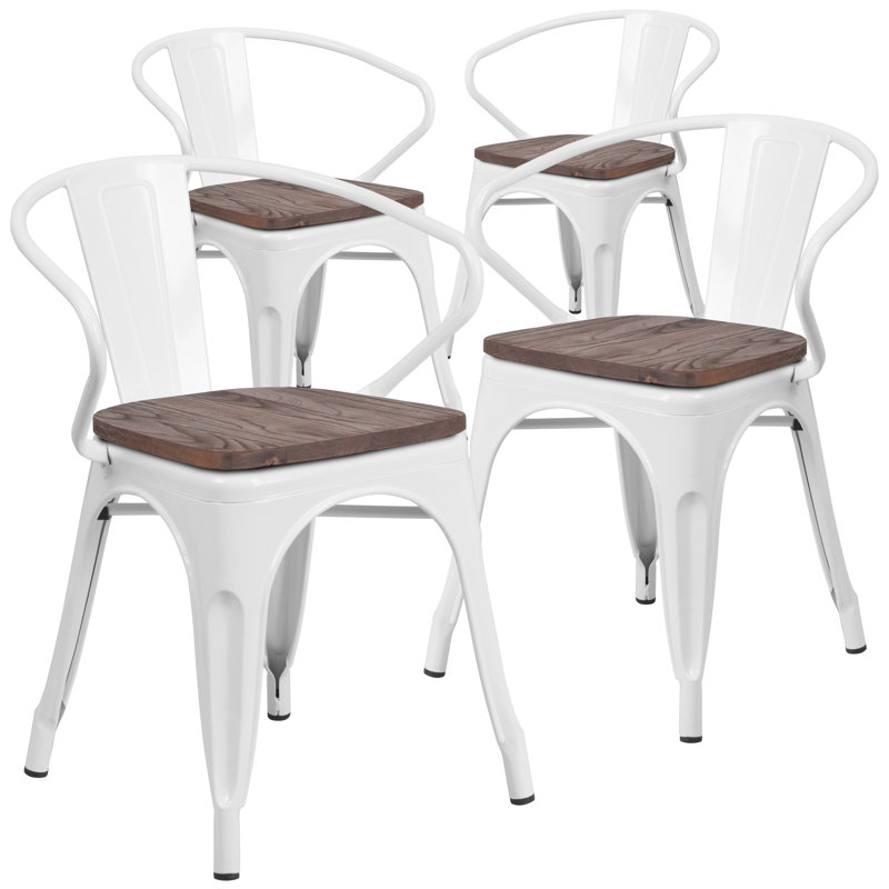 Kester 4 Pk. Metal Chair with Wood Seat and Arms, White