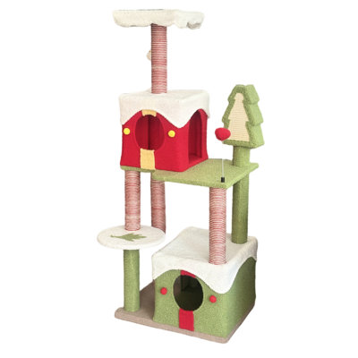 Arbre à chat de Noël spacieux avec hauteur de 54 pouces avec dispositif de basculement et installation facile en plusieurs niveaux