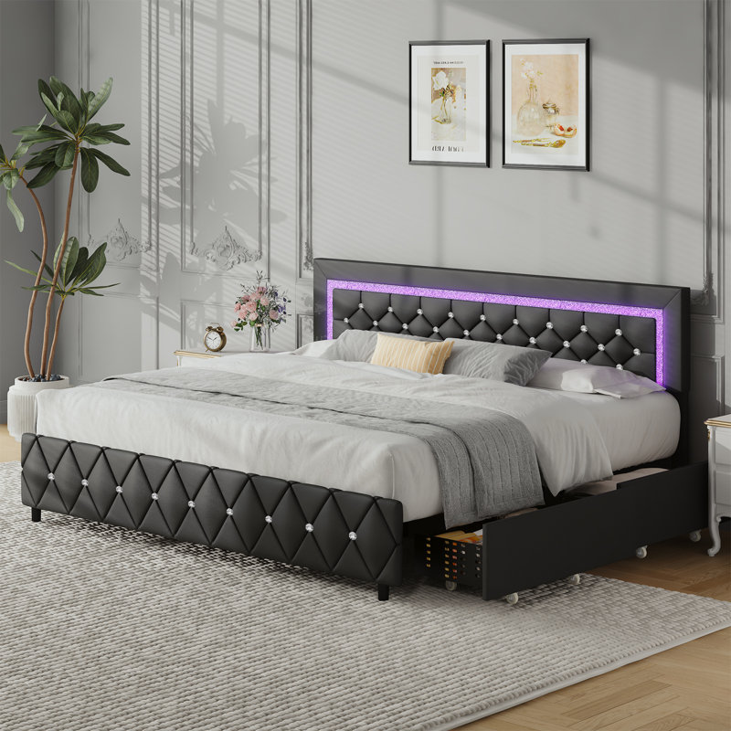 Cadre de lit plateforme tapissier avec lumières DEL et tiroirs de rangement Alber, Très grand lit, Noir