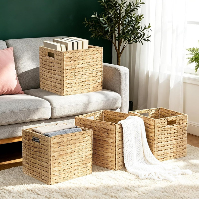 Ensemble de 4 paniers de rangement en jacinthe d'eau avec poignées, paniers de rangement rectangulaires en osier tressé à la main pour étagères, garde-manger, salle de bain, chambre et placard