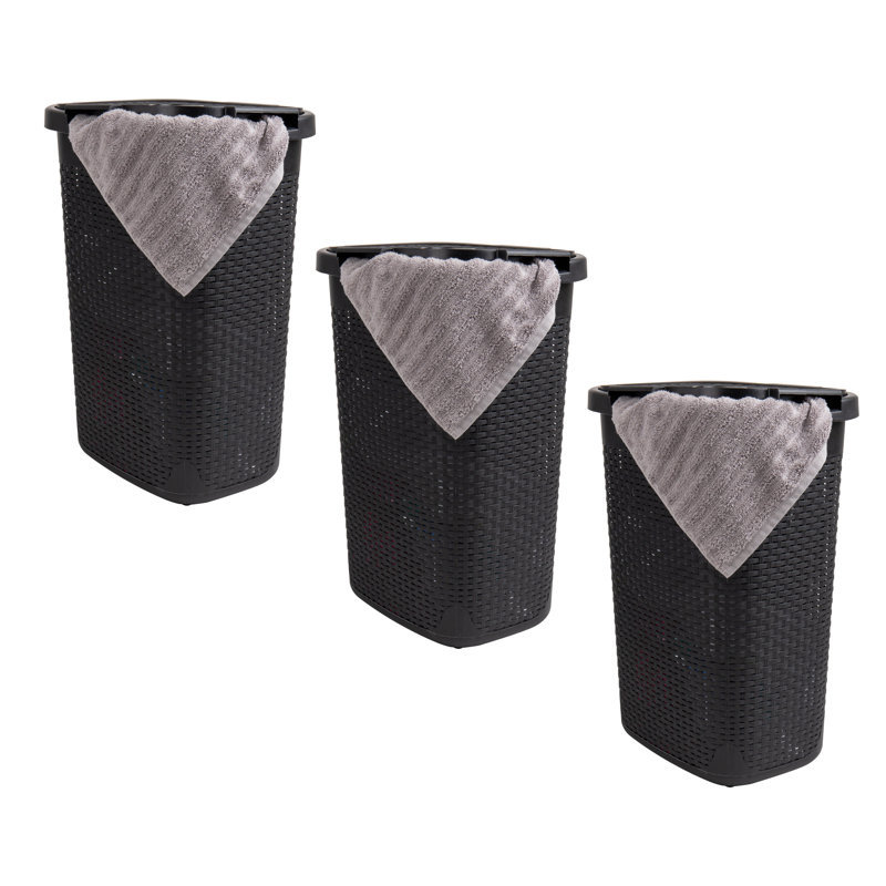  Panier à linge mince 40 L, panier à linge, couvercle, design en osier, plastique, ensemble de 3, Noir