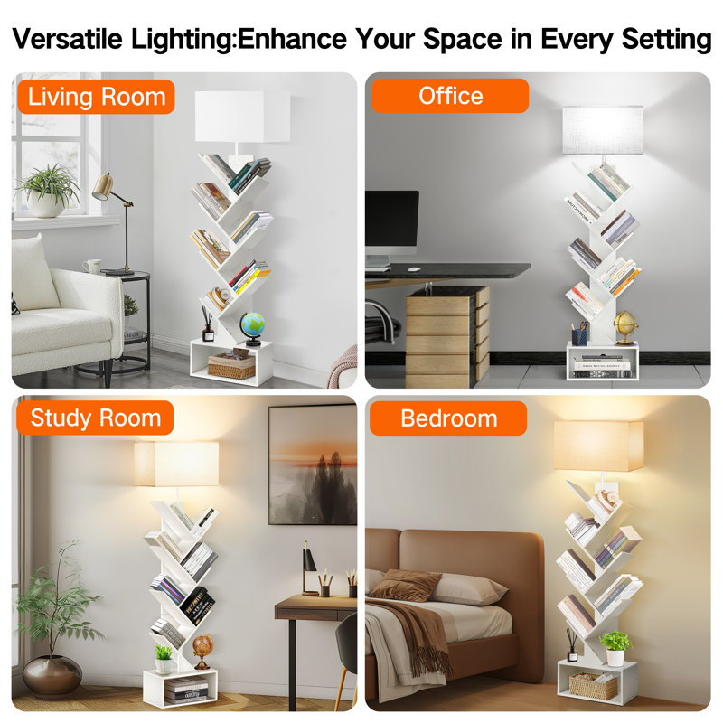 57" LED Tree Floor Lamp with Bookcase and Remote Control, White, White