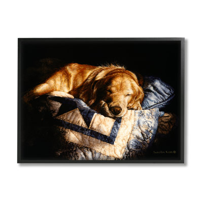 Stupell Industries Cozy Dog Sleeping Quilt Animal Framed On Wood By Sueellen Ross Painting In Midnight Black Framed Giclee