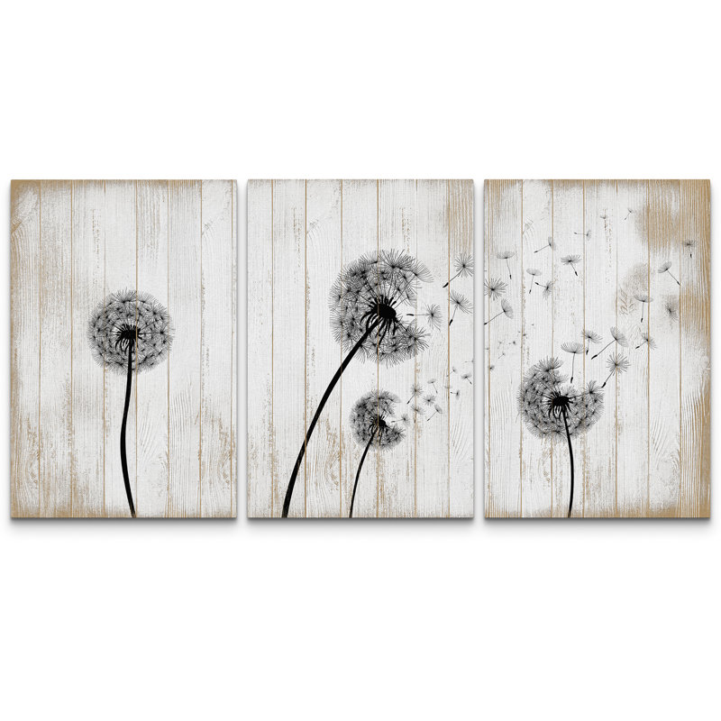 Flying Dandelion On Wood Effect Background Retro Framed On Canvas 3 Pieces Print Wall Art, 24" H x 48" W, Wrapped Canvas