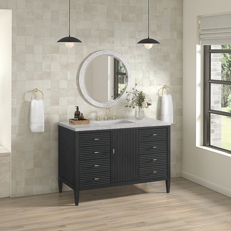 Myrrin 48'' W Single Vanity, Carbon Oak, Eternal Jasmine Pearl
