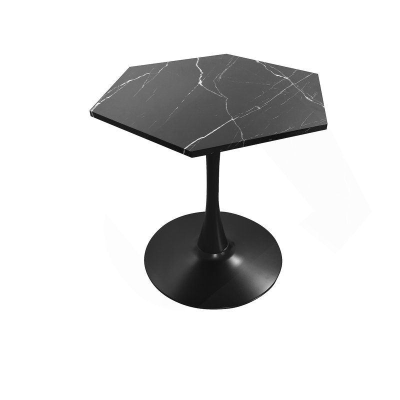 31.50"Modern Hexagonal Coffee Table with Printed Marble Table Top,Metal Base, Black
