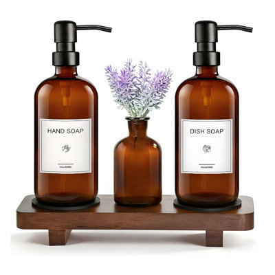 Ensemble de distributeur de savon de cuisine avec plateau en bois, distributeur de savon en verre ambré 16 oz avec pompes en acier inoxydable, ensemble de distributeur de savon à main et à vaisselle pour la cuisine, distributeur de savon et de lotion pour la salle de bain